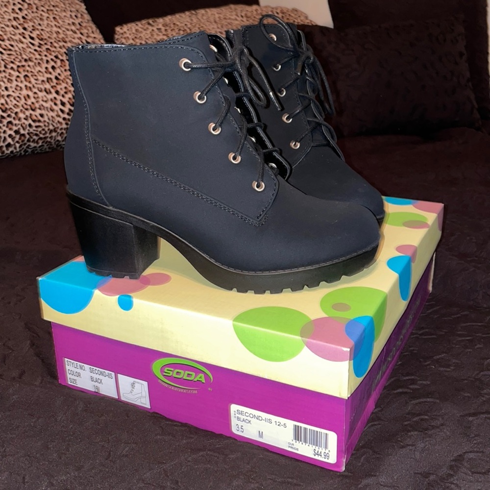 Black suede like booties soda shoes black booties zipper inside low chunky heel